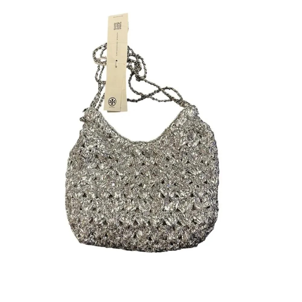 Tory Burch Fleming Metallic Woven Mini Hobo Bag Chain Crossbody SILVER New w/tag